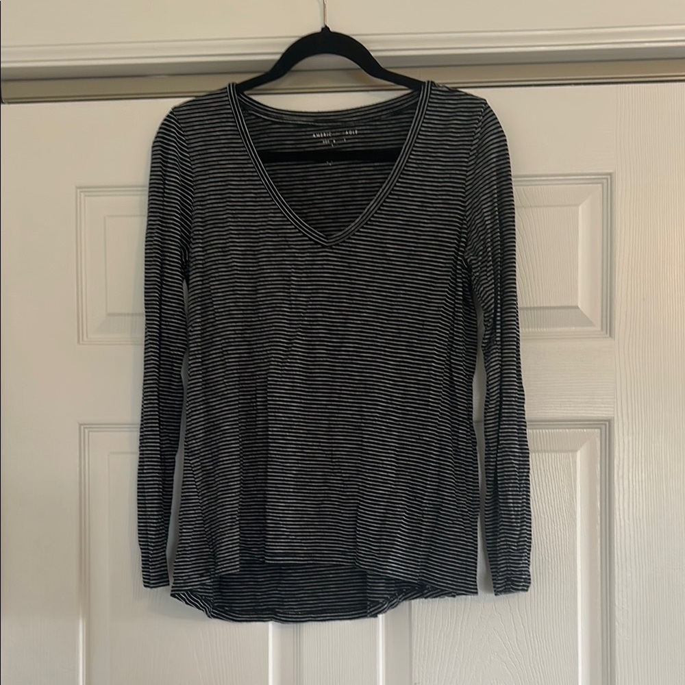 Black and White Striped V-Neck Top